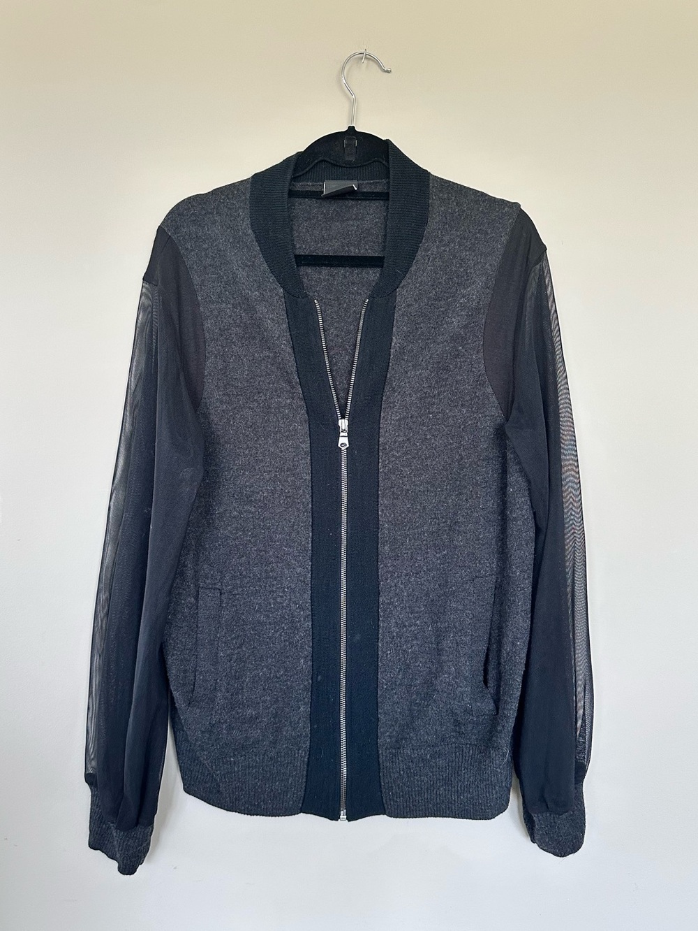 Charcoal Grey Zip-Front Women's Cardigan with Sheer Sleeves
